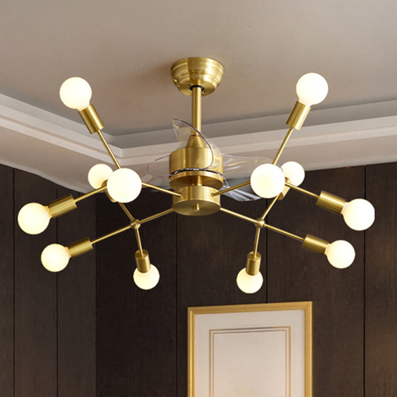 Brass Molecular Semi Flush Mount Chandelier Postmodern Metal Remote Ceiling Fan Light with 3 Blades, 38.5