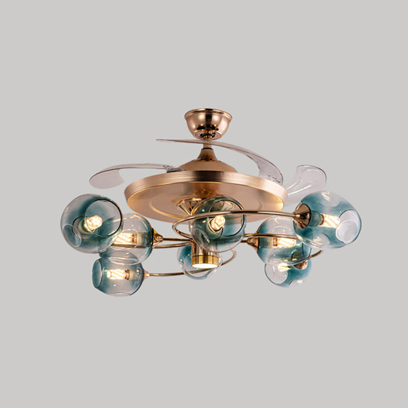 3 Blades Dimpled Glass Cup Pendant Fan Light Vintage 8-Bulb Remote Semi-Flush Ceiling Light Blue Remote Clearhalo 'Ceiling Fans with Lights' 'Ceiling Fans' 'Modern Ceiling Fans' 'Modern' Lighting' 2477524