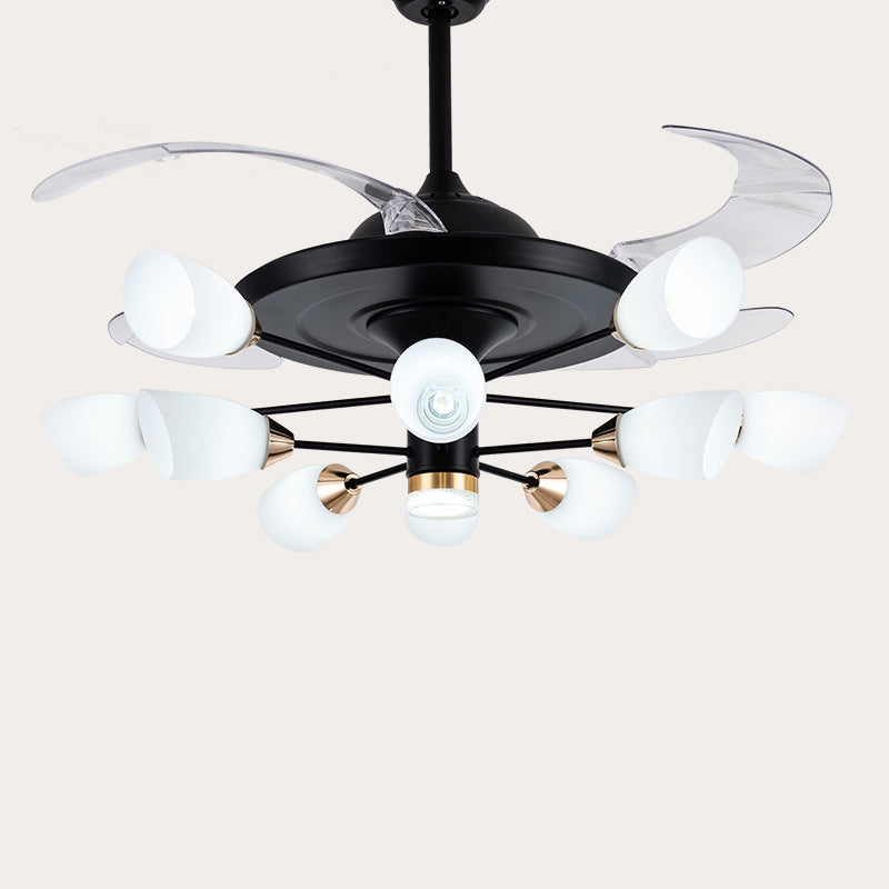 Modern Tulip 4-Blade Hanging Fan Light White Glass 10-Head Living Room Semi Flush Chandelier in Black, 42
