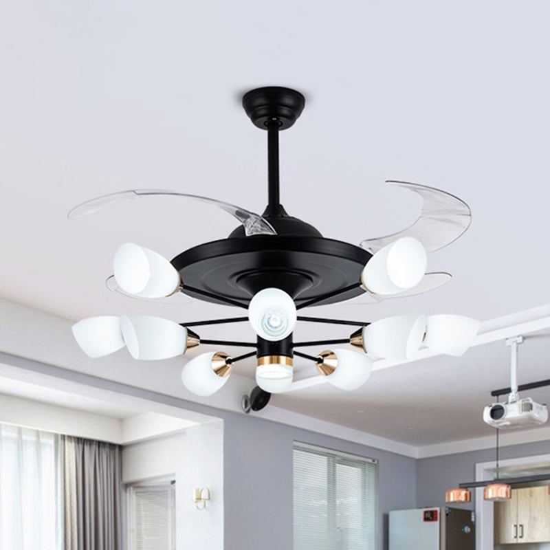 Modern Tulip 4-Blade Hanging Fan Light White Glass 10-Head Living Room Semi Flush Chandelier in Black, 42