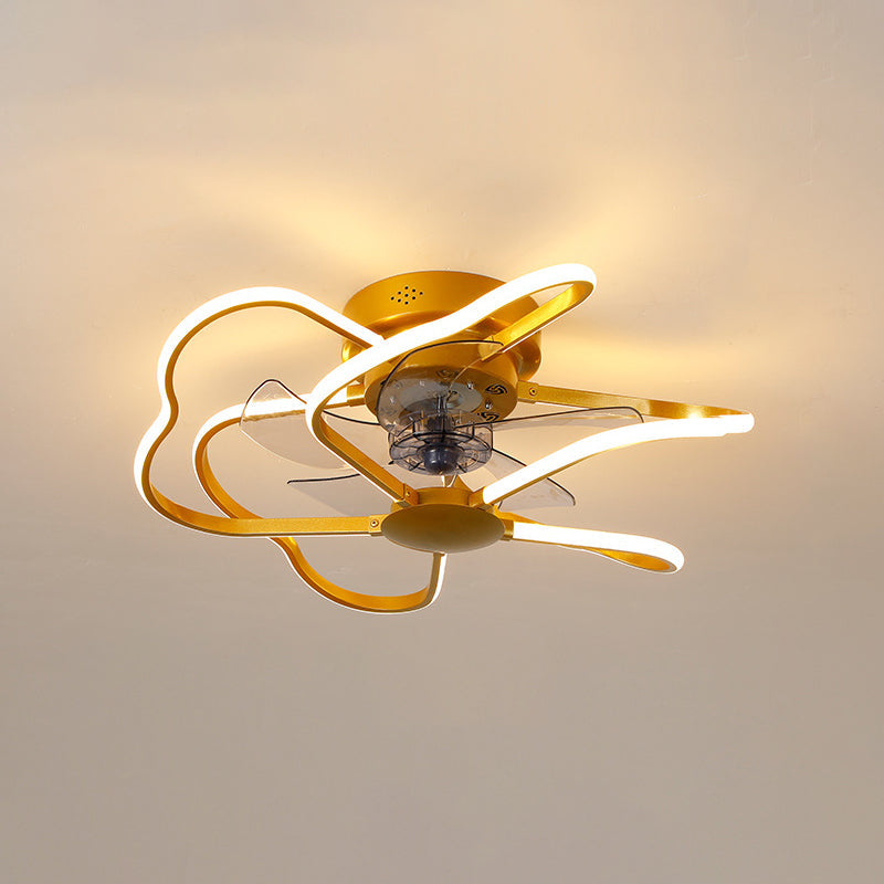 Metal Flower Semi Flush Ceiling Light Fixture Modern Remote Control 5-Blade LED Fan Lamp Gold 23.5