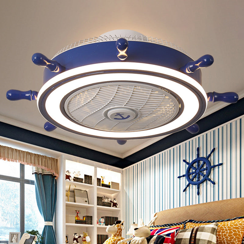 Navy Blue Rudder Fan Light Fixture Childrens Metal Remote Control LED Semi Flush Ceiling Light with 7 Blades, 23.5