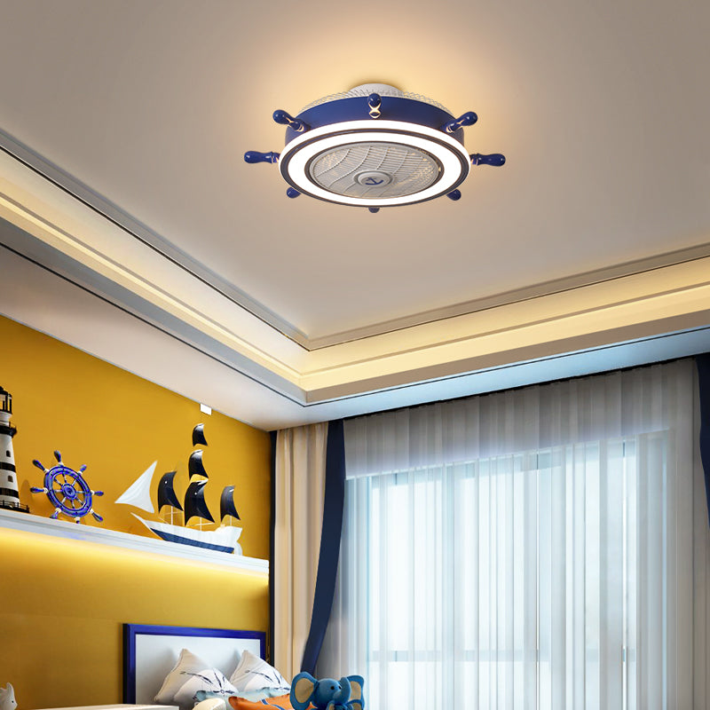 Navy Blue Rudder Fan Light Fixture Childrens Metal Remote Control LED Semi Flush Ceiling Light with 7 Blades, 23.5