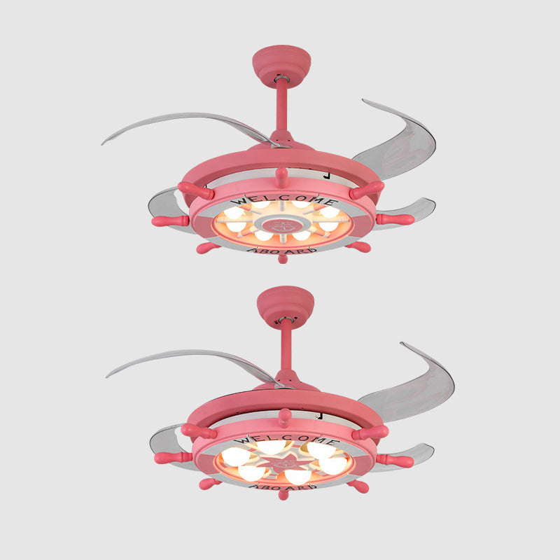 4 Blades Ship Rudder Ceiling Fan Light Childrens Metal LED Pink Semi Mount Lighting for Bedroom, 42