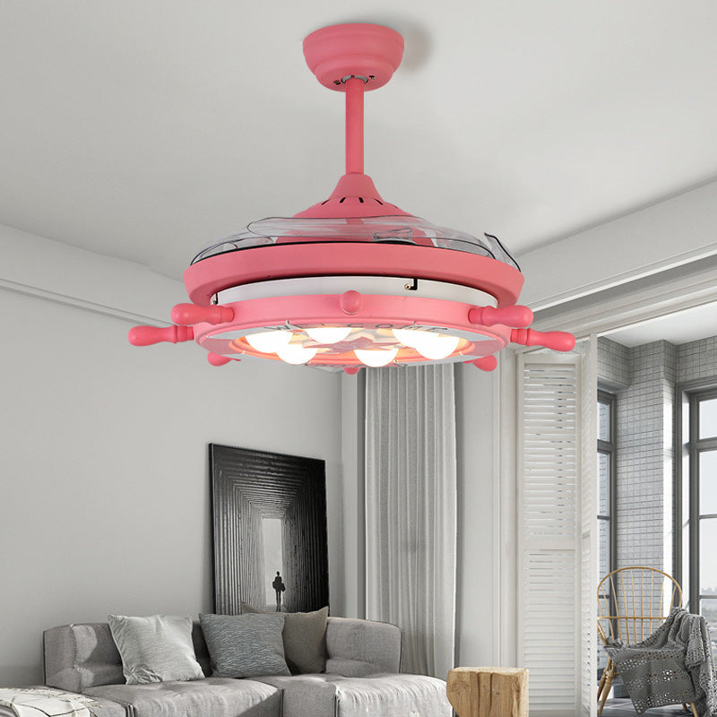 4 Blades Ship Rudder Ceiling Fan Light Childrens Metal LED Pink Semi Mount Lighting for Bedroom, 42