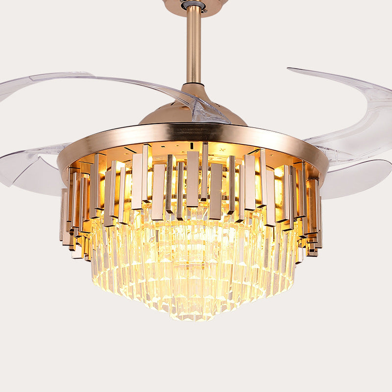 4 Blades Multi-Tiered Tapered Ceiling Fan Lighting Modern Crystal Prism Rose Gold LED Semi Flush Mount, 42