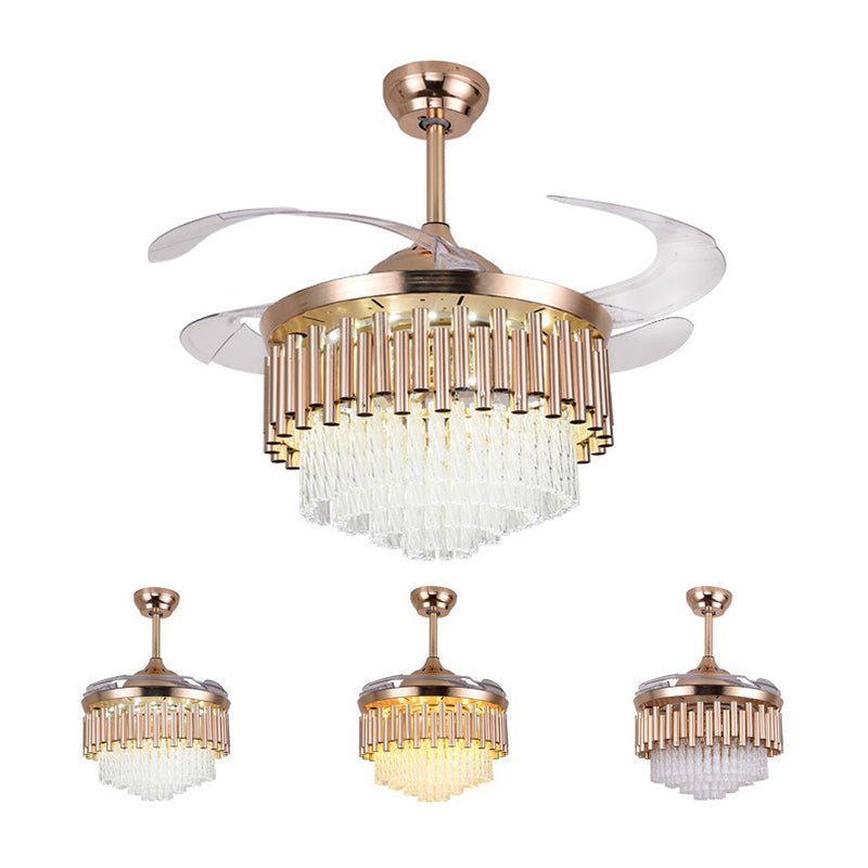 4 Blades Multi-Tiered Tapered Ceiling Fan Lighting Modern Crystal Prism Rose Gold LED Semi Flush Mount, 42