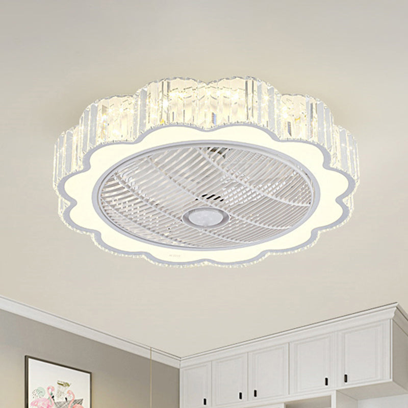 White Flower 3-Blade Ceiling Fan Lamp Simple Prismatic Crystal LED Semi Flush Mount Fixture with Remote, 23.5