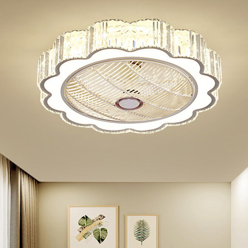 White Flower 3-Blade Ceiling Fan Lamp Simple Prismatic Crystal LED Semi Flush Mount Fixture with Remote, 23.5