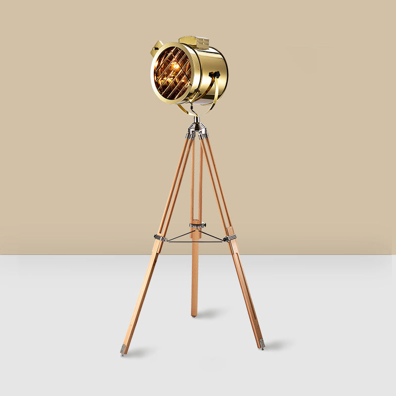 Industrial Tripod Spotlight Floor Lamp 1-Light Stainless Steel Standing Floor Light Gold Clearhalo 'Floor Lamps' 'Lamps' Lighting' 2478757