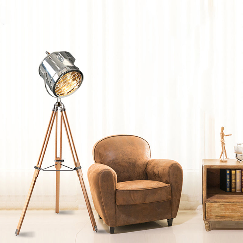 Industrial Tripod Spotlight Floor Lamp 1-Light Stainless Steel Standing Floor Light Clearhalo 'Floor Lamps' 'Lamps' Lighting' 2478758