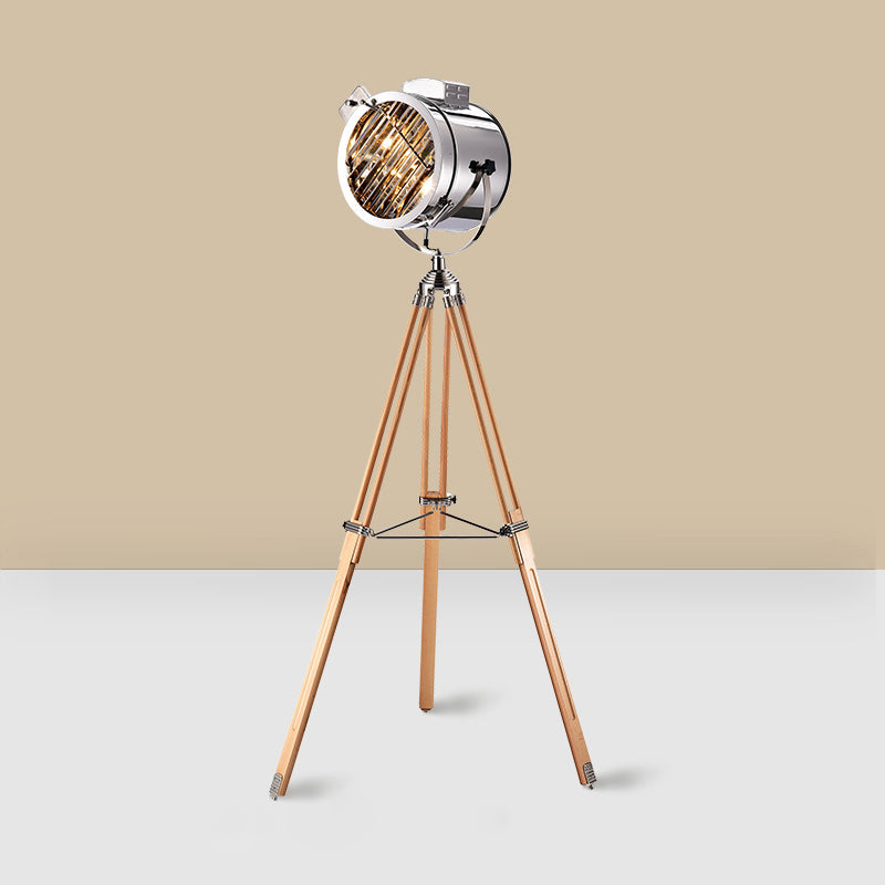 Industrial Tripod Spotlight Floor Lamp 1-Light Stainless Steel Standing Floor Light Wood Clearhalo 'Floor Lamps' 'Lamps' Lighting' 2478761