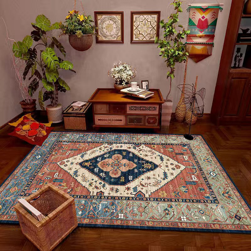 Multi Color Living Room Rug Persian Geometric Printed Indoor Rug Cotton Blend Anti-Slip Easy Care Area Carpet Orange 6'7