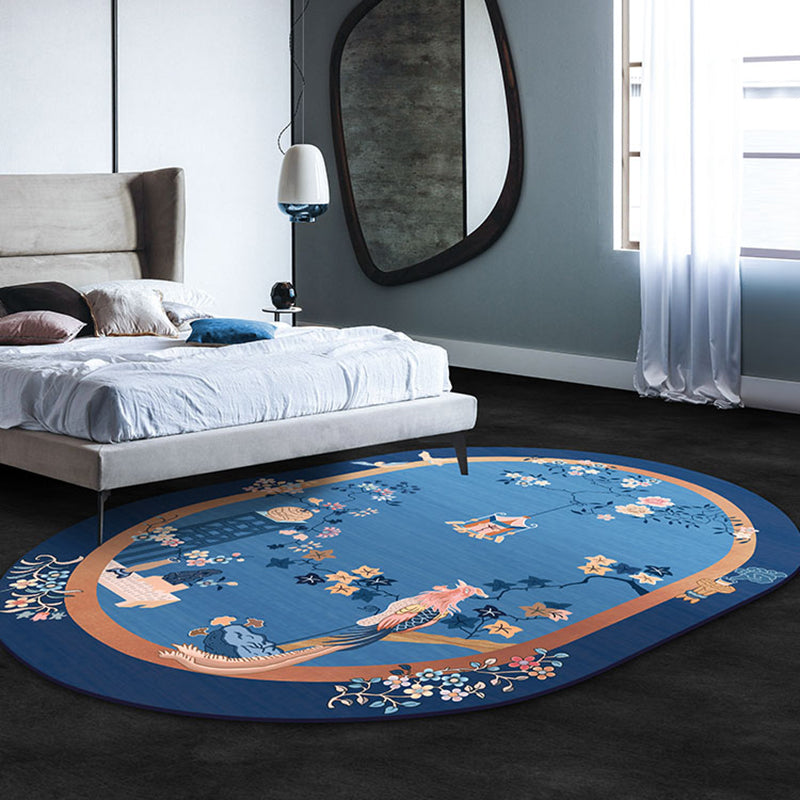 Blue Flower Printed Rug Cotton Blend Vintage Area Carpet Non-Slip Backing Stain-Resistant Indoor Rug for Bedroom Clearhalo 'Area Rug' 'Rug' 2480374