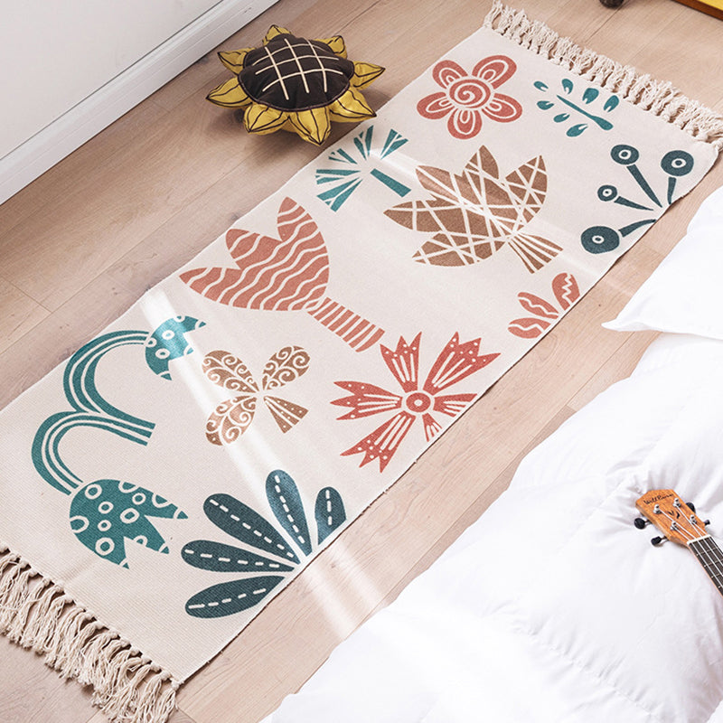 Modern Plant Printed Rug Multi-Colored Jute Area Carpet Easy Care Pet Friendly Stain-Resistant Indoor Rug with Tassel for Bedroom Orange 2' x 4'11