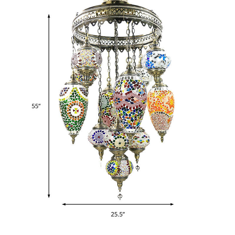 Traditionary Ball and Teardrop Chandelier Lamp Colorful Glass 12 Heads Ceiling Light Fixture in Bronze for Restaurant Clearhalo 'Ceiling Lights' 'Chandeliers' 'Glass shade' 'Glass' Lighting' 248076