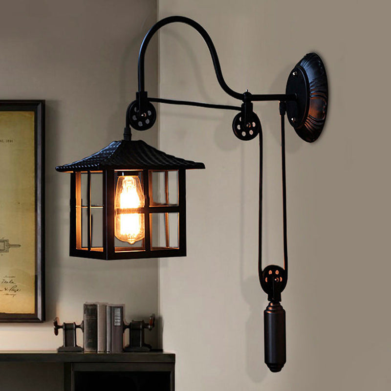 Square/Rectangle Cage Indoor Wall Lamp Farmhouse Style Metal 1 Light Black Wall Mounted Light with Pulley Clearhalo 'Art deco wall lights' 'Cast Iron' 'Glass' 'Industrial wall lights' 'Industrial' 'Middle century wall lights' 'Modern' 'Rustic wall lights' 'Tiffany' 'Traditional wall lights' 'Wall Lamps & Sconces' 'Wall Lights' Lighting' 248136