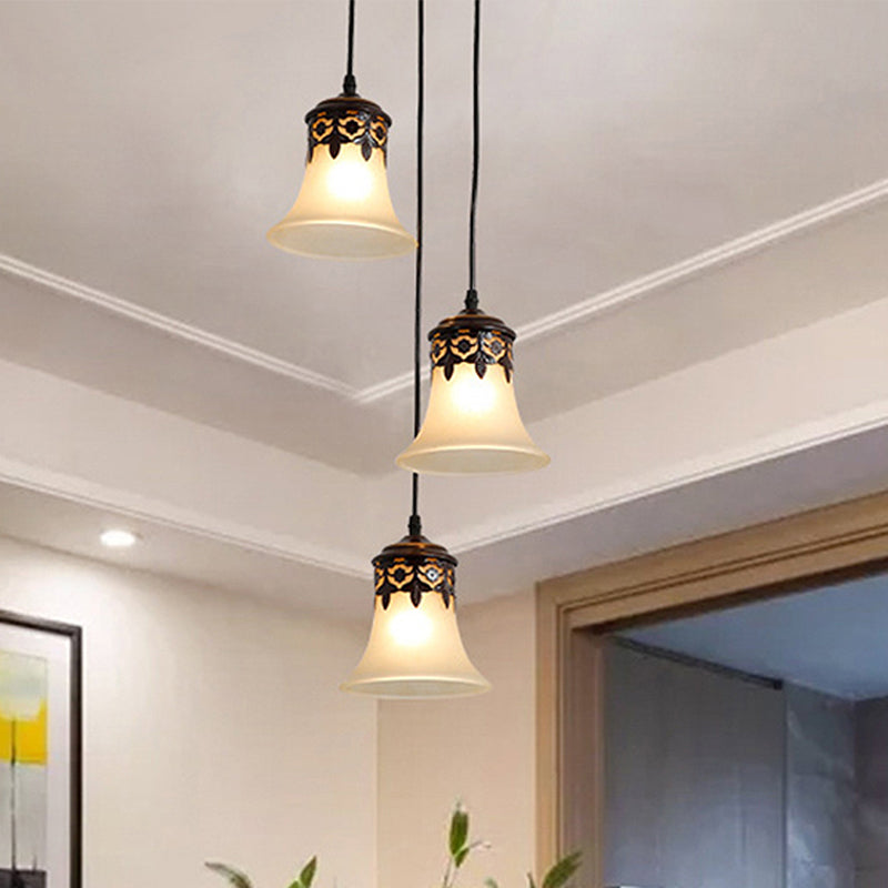 Black Bell Cluster Pendant Traditional Frosted Glass 3 Lights Living Room Hanging Lamp Black Clearhalo 'Ceiling Lights' 'Glass shade' 'Glass' 'Pendant Lights' 'Pendants' Lighting' 248205