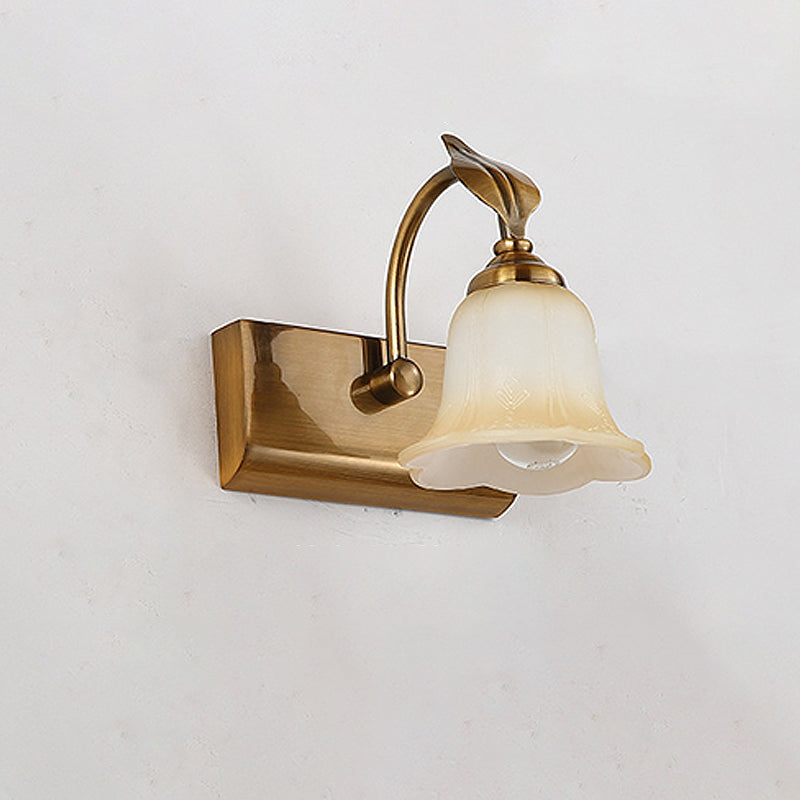 1/2/3 Lights Frosted Glass Vanity Light Traditional Brass Flared Bedroom Sconce with Gooseneck Arm Clearhalo 'Vanity Lights' 'Wall Lights' Lighting' 248247