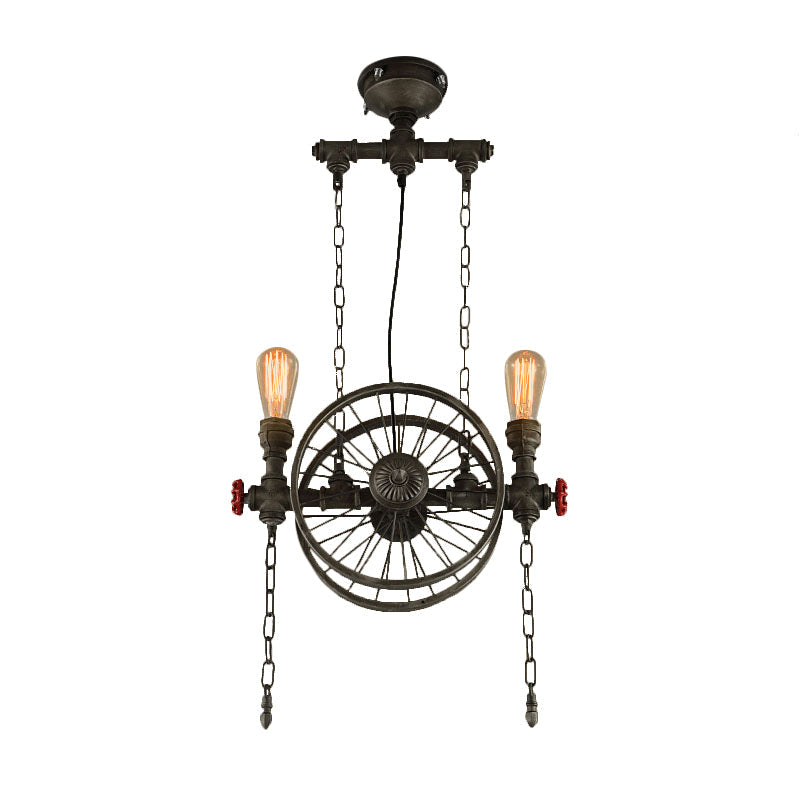 Rustic Style Exposed Bulb Hanging Light with Wheel Design 2 Lights Wrought Iron Pendant Chandelier in Bronze Clearhalo 'Cast Iron' 'Ceiling Lights' 'Chandeliers' 'Industrial Chandeliers' 'Industrial' 'Metal' 'Middle Century Chandeliers' 'Rustic Chandeliers' 'Tiffany' Lighting' 248439