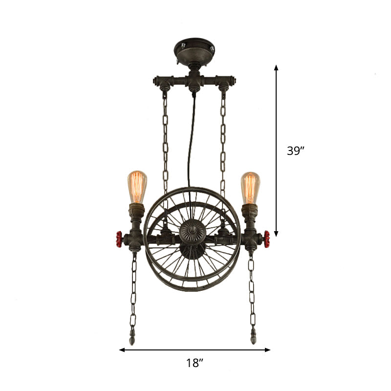 Rustic Style Exposed Bulb Hanging Light with Wheel Design 2 Lights Wrought Iron Pendant Chandelier in Bronze Clearhalo 'Cast Iron' 'Ceiling Lights' 'Chandeliers' 'Industrial Chandeliers' 'Industrial' 'Metal' 'Middle Century Chandeliers' 'Rustic Chandeliers' 'Tiffany' Lighting' 248440