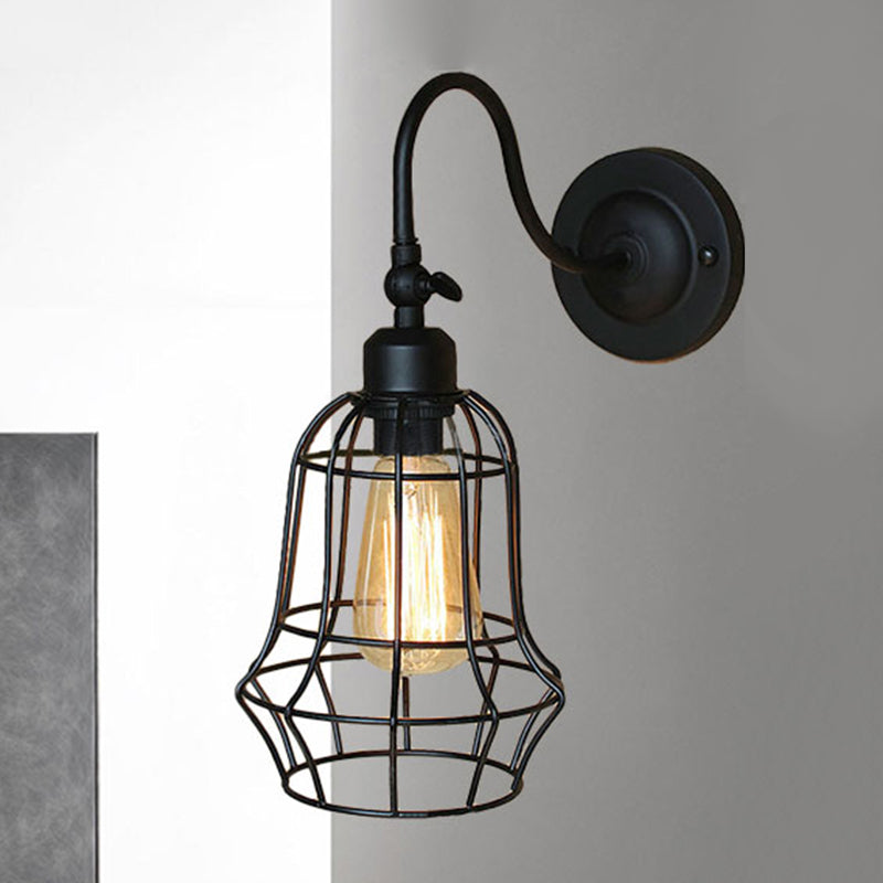 Black Globe/Oval Cage Wall Mount Light with Gooseneck Arm Retro Style Metallic 1 Head Bedroom Mini Wall Lamp Black Barrel Clearhalo 'Art deco wall lights' 'Cast Iron' 'Glass' 'Industrial wall lights' 'Industrial' 'Middle century wall lights' 'Modern' 'Rustic wall lights' 'Tiffany' 'Traditional wall lights' 'Wall Lamps & Sconces' 'Wall Lights' Lighting' 248504