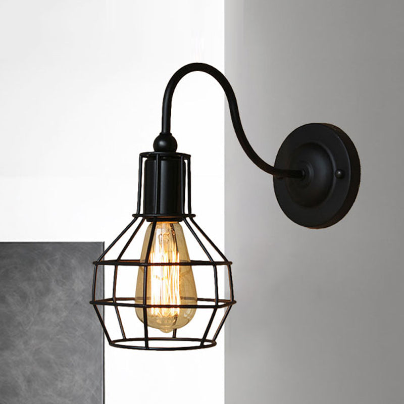 Metallic Black/Bronze Wall Lighting Global Cage 1 Head Vintage Industrial Wall Lamp with Gooseneck Arm Black Clearhalo 'Art deco wall lights' 'Cast Iron' 'Glass' 'Industrial wall lights' 'Industrial' 'Middle century wall lights' 'Modern' 'Rustic wall lights' 'Tiffany' 'Traditional wall lights' 'Wall Lamps & Sconces' 'Wall Lights' Lighting' 248546