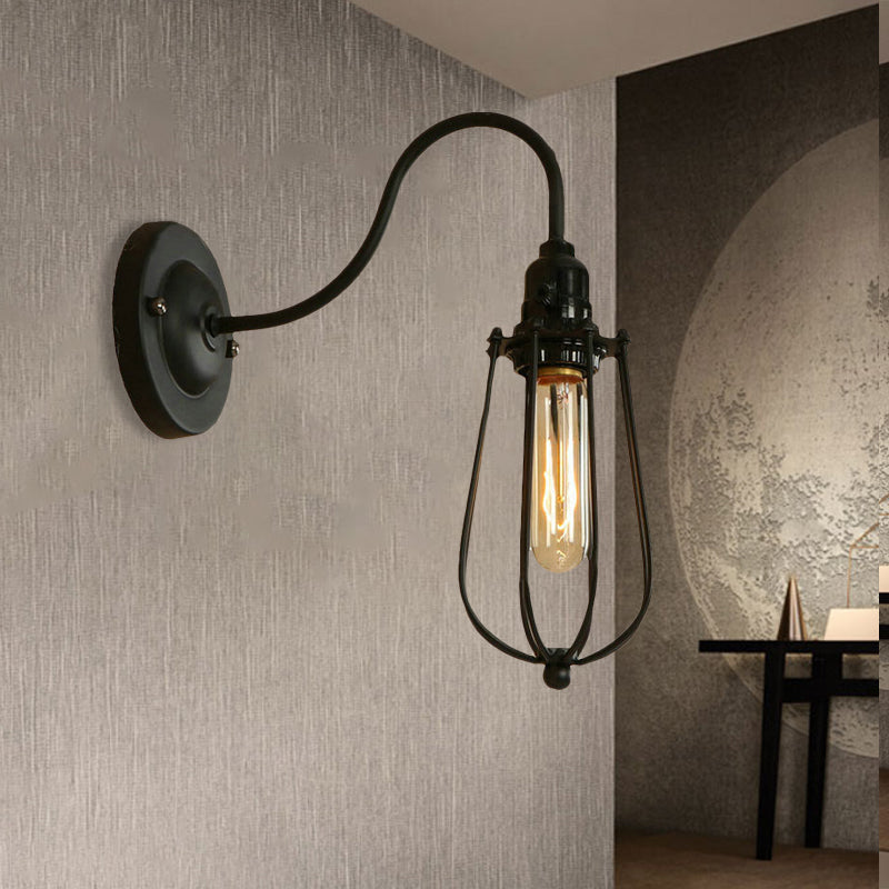 Metallic Oval/Teardrop/Bulb Wall Lighting with Wire Guard Industrial 1 Light Balcony Wall Mounted Lamp in Black Black Bulb Clearhalo 'Art deco wall lights' 'Cast Iron' 'Glass' 'Industrial wall lights' 'Industrial' 'Middle century wall lights' 'Modern' 'Rustic wall lights' 'Tiffany' 'Traditional wall lights' 'Wall Lamps & Sconces' 'Wall Lights' Lighting' 248605