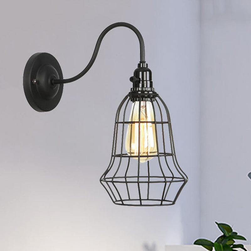 Industrial Globe/Teardrop Cage Wall Sconce Metal 1 Bulb Metallic Wall Lighting with Gooseneck Arm in Black Black Barrel Clearhalo 'Art deco wall lights' 'Cast Iron' 'Glass' 'Industrial wall lights' 'Industrial' 'Middle century wall lights' 'Modern' 'Rustic wall lights' 'Tiffany' 'Traditional wall lights' 'Wall Lamps & Sconces' 'Wall Lights' Lighting' 248652