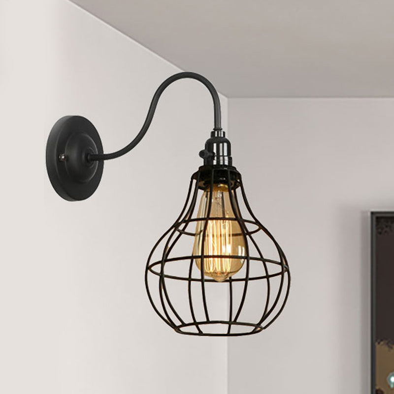 Industrial Globe/Teardrop Cage Wall Sconce Metal 1 Bulb Metallic Wall Lighting with Gooseneck Arm in Black Black Teardrop Clearhalo 'Art deco wall lights' 'Cast Iron' 'Glass' 'Industrial wall lights' 'Industrial' 'Middle century wall lights' 'Modern' 'Rustic wall lights' 'Tiffany' 'Traditional wall lights' 'Wall Lamps & Sconces' 'Wall Lights' Lighting' 248656