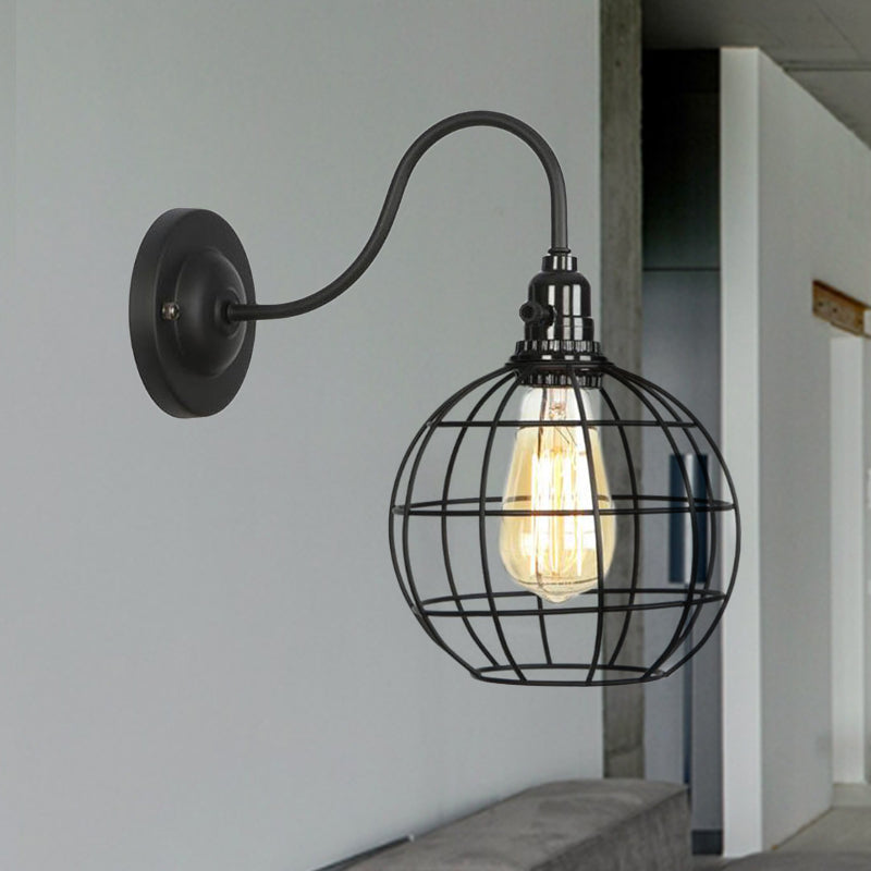 Industrial Globe/Teardrop Cage Wall Sconce Metal 1 Bulb Metallic Wall Lighting with Gooseneck Arm in Black Clearhalo 'Art deco wall lights' 'Cast Iron' 'Glass' 'Industrial wall lights' 'Industrial' 'Middle century wall lights' 'Modern' 'Rustic wall lights' 'Tiffany' 'Traditional wall lights' 'Wall Lamps & Sconces' 'Wall Lights' Lighting' 248659