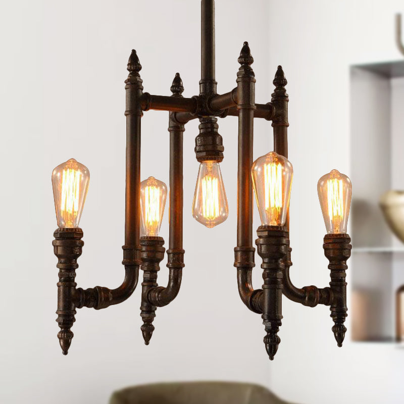 Metal Dark Rust Hanging Chandelier Lamp Exposed Bulb 5-Light Vintage Style Ceiling Light Fixture Rust Clearhalo 'Cast Iron' 'Ceiling Lights' 'Chandeliers' 'Industrial Chandeliers' 'Industrial' 'Metal' 'Middle Century Chandeliers' 'Rustic Chandeliers' 'Tiffany' Lighting' 248664