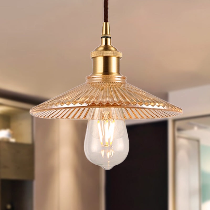 Amber Glass Ribbed Cone Suspension Light Mid Century 1 Bulb Restaurant Ceiling Pendant Amber Clearhalo 'Ceiling Lights' 'Close To Ceiling Lights' 'Glass shade' 'Glass' 'Industrial Pendants' 'Industrial' 'Middle Century Pendants' 'Pendant Lights' 'Pendants' 'Tiffany' Lighting' 248694