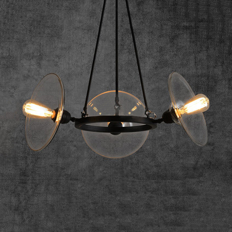 3-Light Disc Shade Chandelier Industrial Black Clear Glass Pendant Light Fixture for Living Room Black Clearhalo 'Ceiling Lights' 'Chandeliers' 'Glass shade' 'Glass' 'Industrial Chandeliers' 'Industrial' 'Middle Century Chandeliers' 'Pendant Lights' 'Tiffany' Lighting' 248755