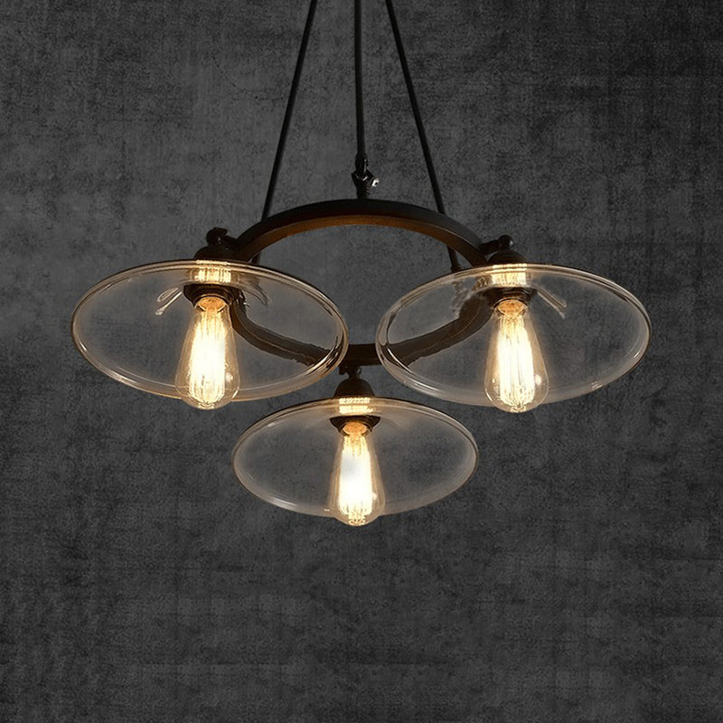 3-Light Disc Shade Chandelier Industrial Black Clear Glass Pendant Light Fixture for Living Room Clearhalo 'Ceiling Lights' 'Chandeliers' 'Glass shade' 'Glass' 'Industrial Chandeliers' 'Industrial' 'Middle Century Chandeliers' 'Pendant Lights' 'Tiffany' Lighting' 248757