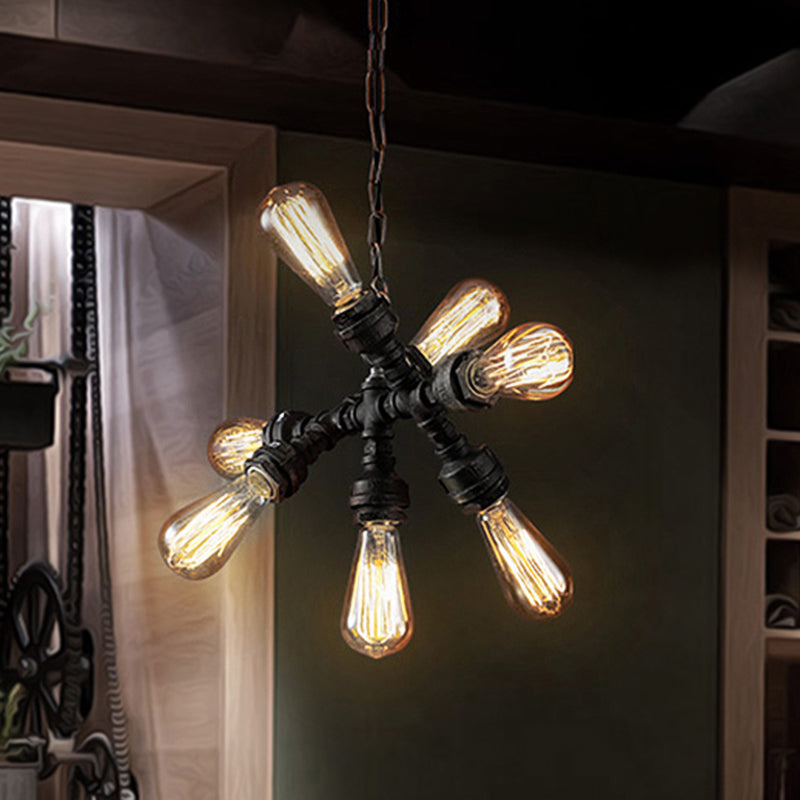 Dark Rust 7 Heads Ceiling Light Fixture Vintage Style Iron Open Bulb Chandelier Lamp with Water Pipe Clearhalo 'Cast Iron' 'Ceiling Lights' 'Chandeliers' 'Industrial Chandeliers' 'Industrial' 'Metal' 'Middle Century Chandeliers' 'Rustic Chandeliers' 'Tiffany' Lighting' 248797