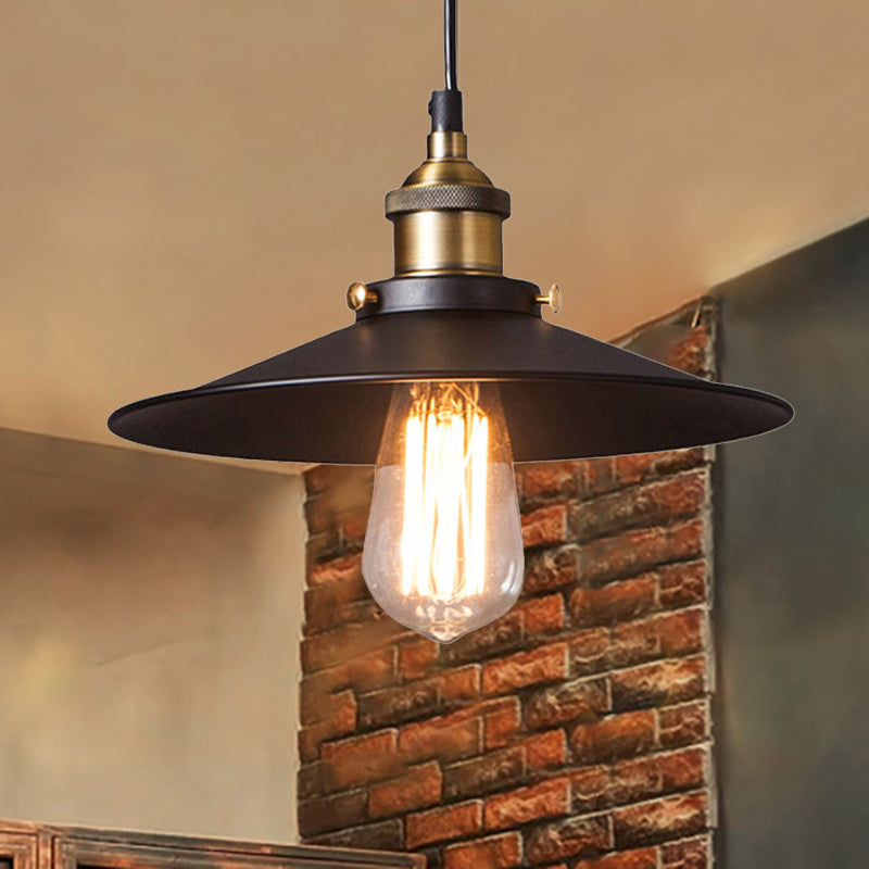 Metallic Flat Shade Ceiling Pendant Retro Stylish 1 Bulb Coffee Shop Hanging Lamp in Black, 7