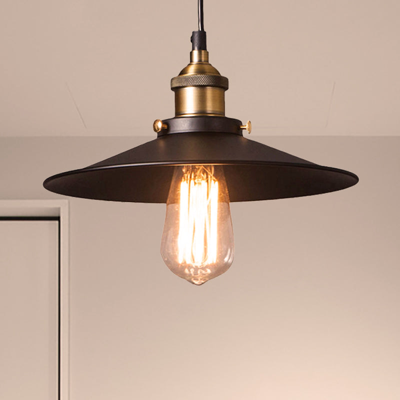 Metallic Flat Shade Ceiling Pendant Retro Stylish 1 Bulb Coffee Shop Hanging Lamp in Black, 7