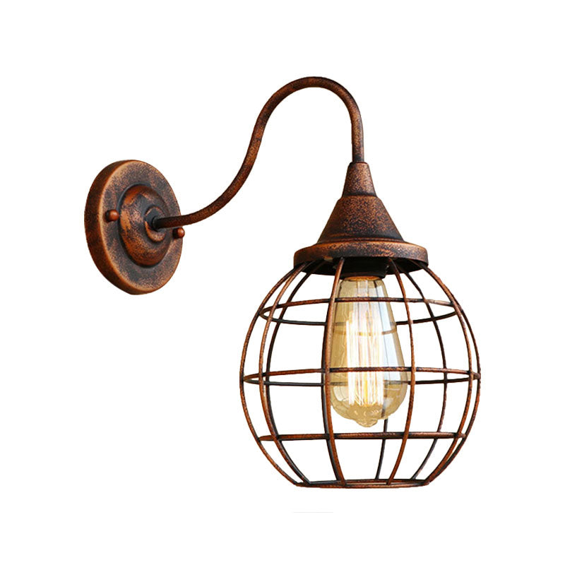 Rustic Style Ball Cage Wall Lighting with Gooseneck Arm 1 Bulb Iron Wall Sconce in Rust/Black Finish Clearhalo 'Art deco wall lights' 'Cast Iron' 'Glass' 'Industrial wall lights' 'Industrial' 'Middle century wall lights' 'Modern' 'Rustic wall lights' 'Tiffany' 'Traditional wall lights' 'Wall Lamps & Sconces' 'Wall Lights' Lighting' 248821