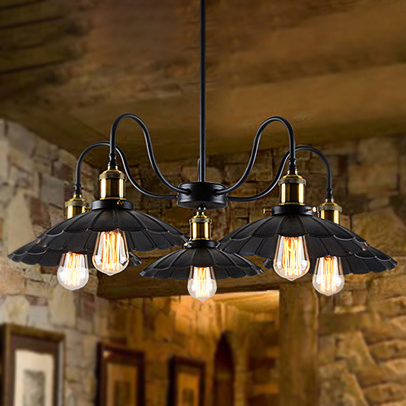 Black Finish Scalloped Chandelier Light Industrial Metal 5 Heads Indoor Pendant Lighting with Gooseneck Arm Black Clearhalo 'Cast Iron' 'Ceiling Lights' 'Chandeliers' 'Industrial Chandeliers' 'Industrial' 'Metal' 'Middle Century Chandeliers' 'Rustic Chandeliers' 'Tiffany' Lighting' 248868