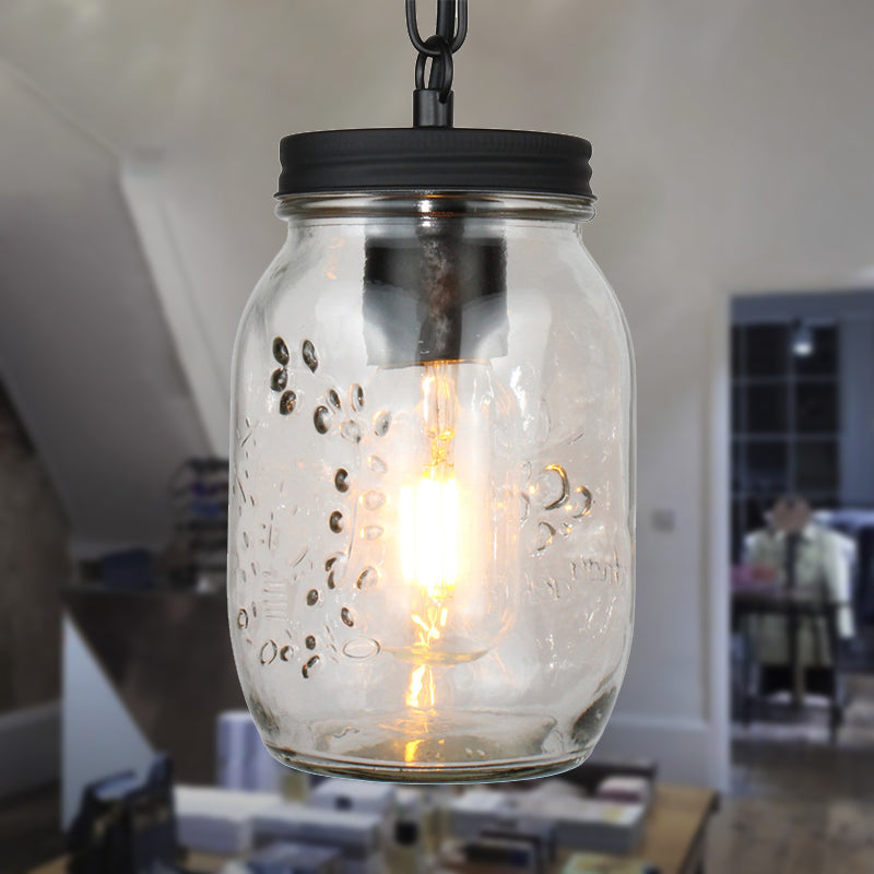 Modern Mason Jar Hanging Ceiling Light 1 Light Clear Glass Pendant Lighting in Black Clearhalo 'Ceiling Lights' 'Glass shade' 'Glass' 'Industrial Pendants' 'Industrial' 'Middle Century Pendants' 'Pendant Lights' 'Pendants' 'Tiffany' Lighting' 248890