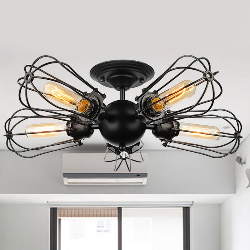Vintage Bulb Shaped Semi Flush Mount Light with Wire Frame 3/5 Lights Metal Ceiling Light in Black for Farmhouse 5 Black Clearhalo 'Ceiling Lights' 'Close To Ceiling Lights' 'Close to ceiling' 'Semi-flushmount' Lighting' 248972