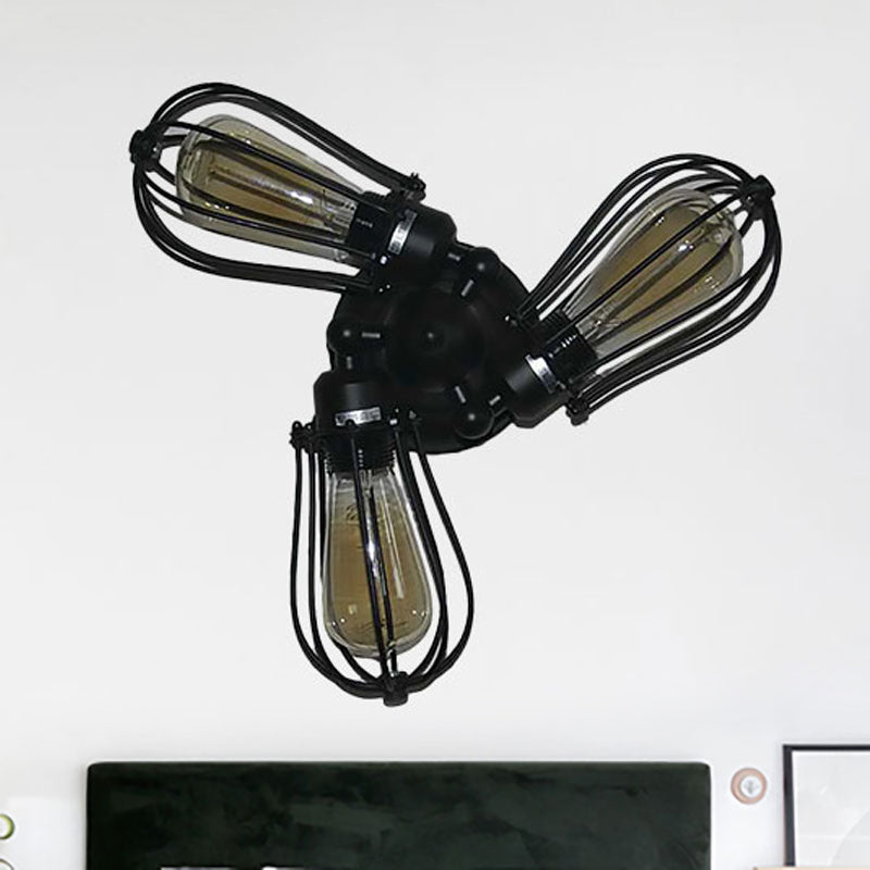 Vintage Bulb Shaped Semi Flush Mount Light with Wire Frame 3/5 Lights Metal Ceiling Light in Black for Farmhouse 3 Black Clearhalo 'Ceiling Lights' 'Close To Ceiling Lights' 'Close to ceiling' 'Semi-flushmount' Lighting' 248974