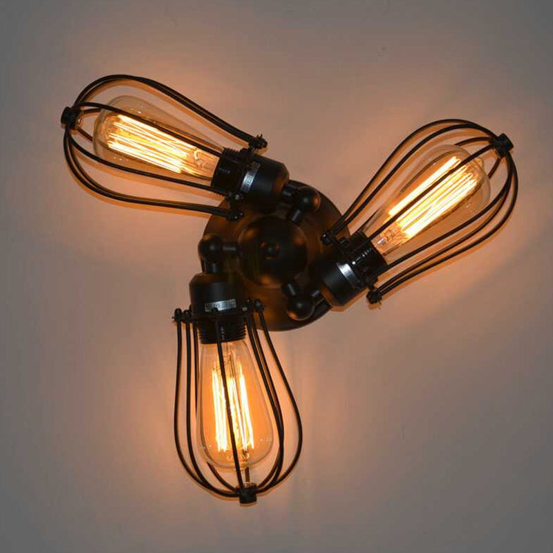 Vintage Bulb Shaped Semi Flush Mount Light with Wire Frame 3/5 Lights Metal Ceiling Light in Black for Farmhouse Clearhalo 'Ceiling Lights' 'Close To Ceiling Lights' 'Close to ceiling' 'Semi-flushmount' Lighting' 248976