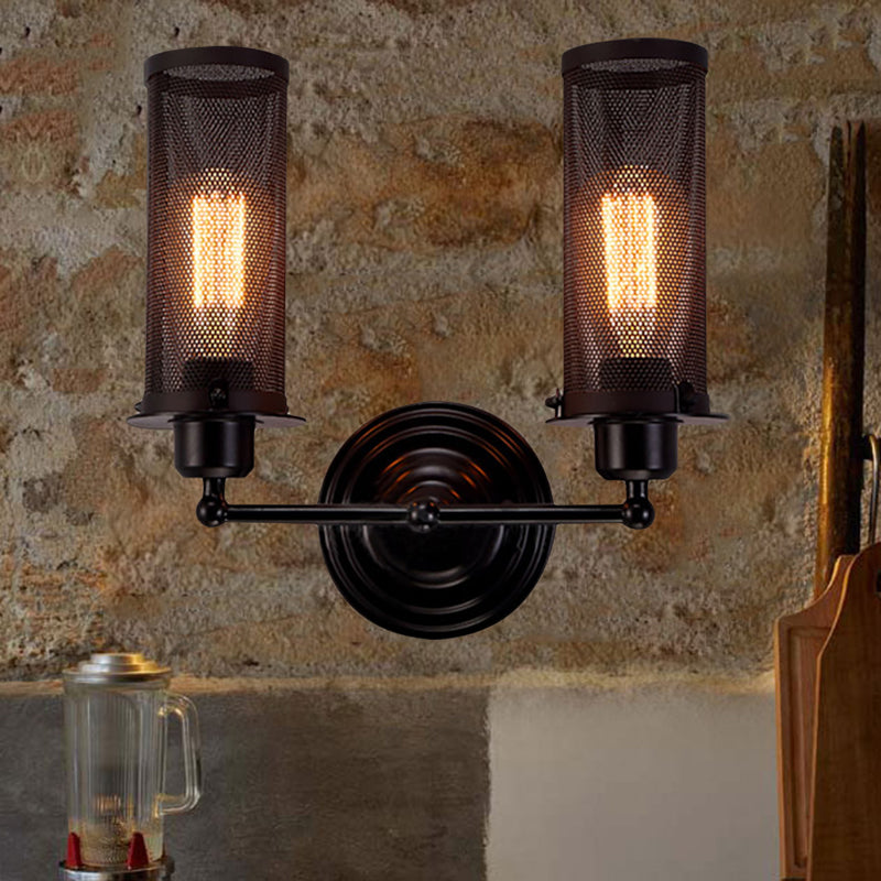 Cylinder Iron Wall Sconce Lighting with Mesh Shade Antique Style 1/2-Bulb Farmhouse Wall Mounted Lamp in Black 2.0 Black Clearhalo 'Art deco wall lights' 'Cast Iron' 'Glass' 'Industrial wall lights' 'Industrial' 'Middle century wall lights' 'Modern' 'Rustic wall lights' 'Tiffany' 'Traditional wall lights' 'Wall Lamps & Sconces' 'Wall Lights' Lighting' 249022