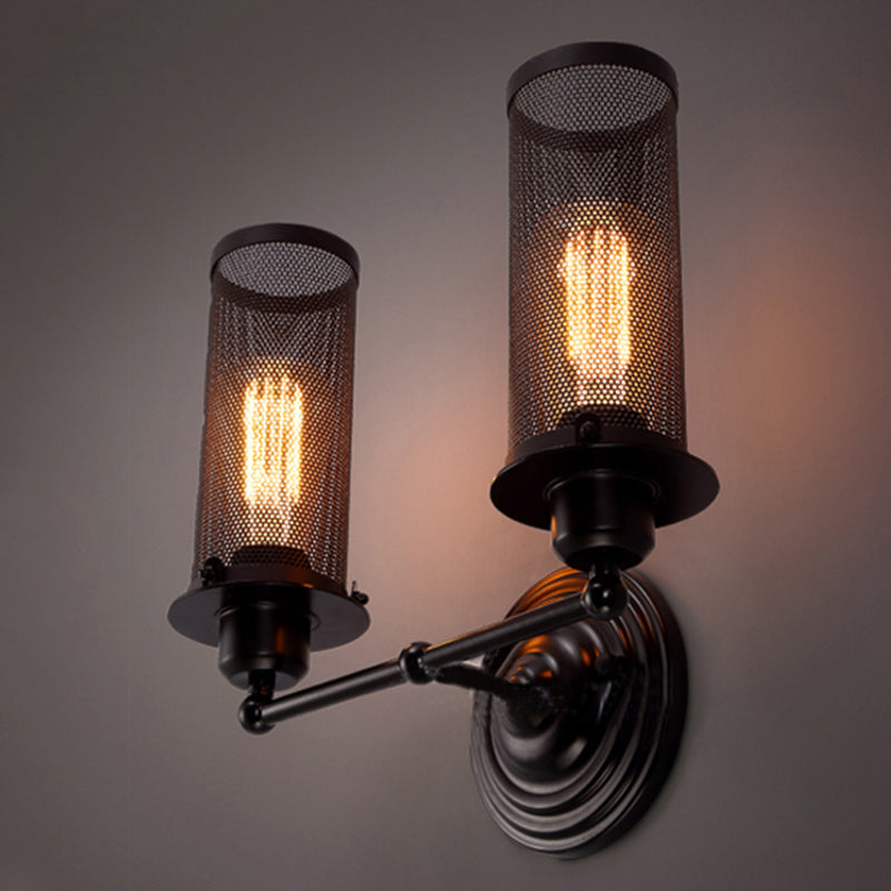 Cylinder Iron Wall Sconce Lighting with Mesh Shade Antique Style 1/2-Bulb Farmhouse Wall Mounted Lamp in Black Clearhalo 'Art deco wall lights' 'Cast Iron' 'Glass' 'Industrial wall lights' 'Industrial' 'Middle century wall lights' 'Modern' 'Rustic wall lights' 'Tiffany' 'Traditional wall lights' 'Wall Lamps & Sconces' 'Wall Lights' Lighting' 249024