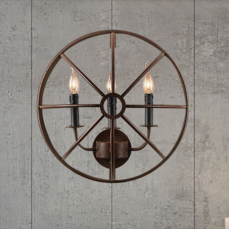 Semi Circle Metallic Sconce Lamp with Wire Frame Rustic 3 Lights Restaurant Wall Sconce Lighting in Rust/Black Black Clearhalo 'Art deco wall lights' 'Cast Iron' 'Glass' 'Industrial wall lights' 'Industrial' 'Middle century wall lights' 'Modern' 'Rustic wall lights' 'Tiffany' 'Traditional wall lights' 'Wall Lamps & Sconces' 'Wall Lights' Lighting' 249113