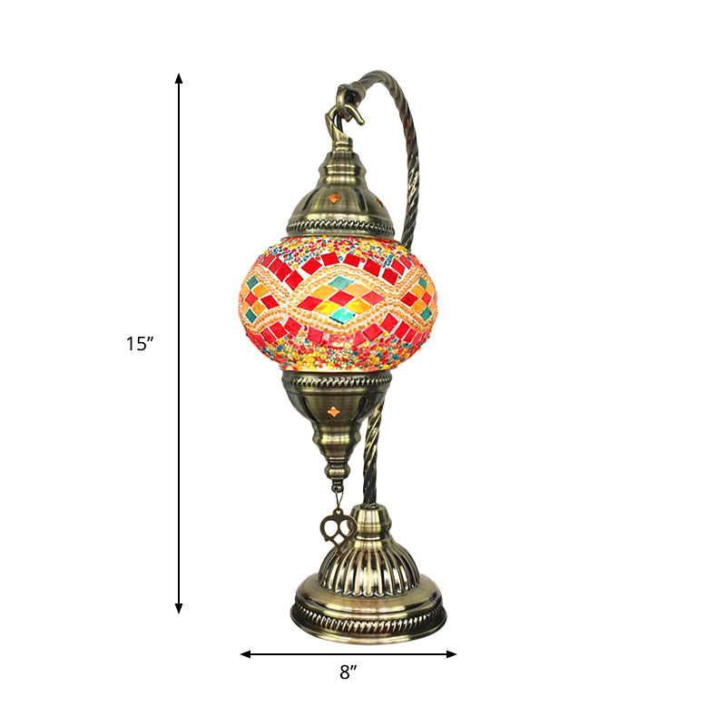 Traditional Ball Table Light Peacock Blue/Watermelon Red Glass 1 Bulb Desk Lamp with Metal Curved Arm Clearhalo 'Lamps' 'Table Lamps' Lighting' 249379