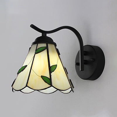 Conical Sconce Lighting with Black Curved Arm Traditional Tiffany Wall Lamp in White/Beige for Corridor Clearhalo 'Industrial' 'Middle century wall lights' 'Tiffany wall lights' 'Tiffany' 'Wall Lamps & Sconces' 'Wall Lights' Lighting' 24939