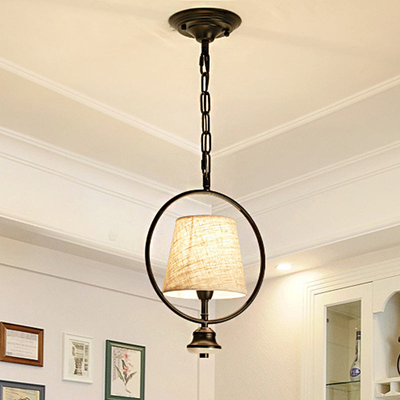 Black 1 Light Pendant Lighting Fixture Traditional Fabric Trapezoid Hanging Ceiling Light with Iron Ring Clearhalo 'Ceiling Lights' 'Pendant Lights' 'Pendants' Lighting' 249678